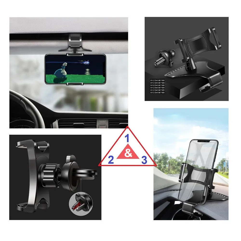 3 in 1 Car GPS Smartphone Holder: Dashboard / Visor Clamp   AC Grid Clip for Sharp R1 - Black