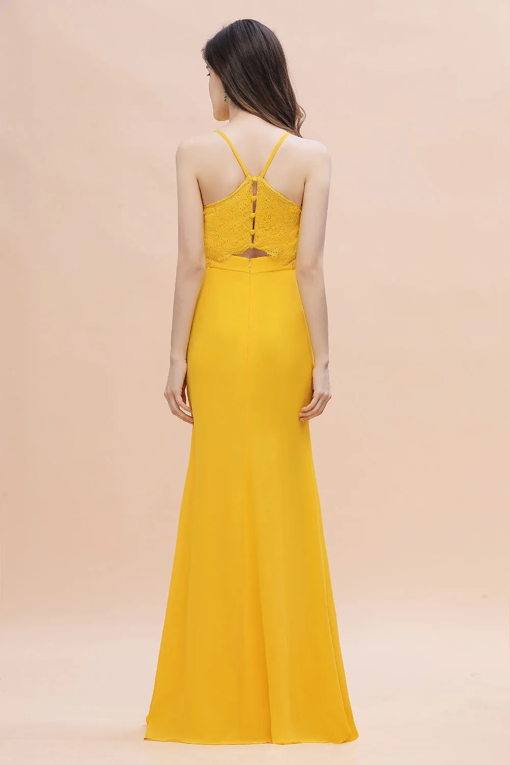 Chic Long V-neck Chiffon Backless Yellow Bridesmaid Dress