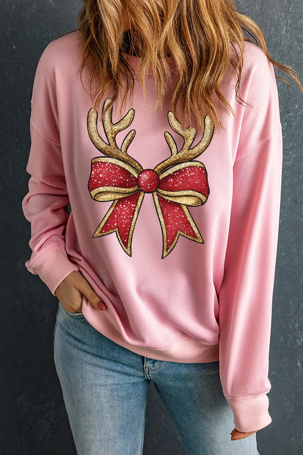 Christmas Antlers Bow Pattern Crew Neck Pullover Sweatshirt