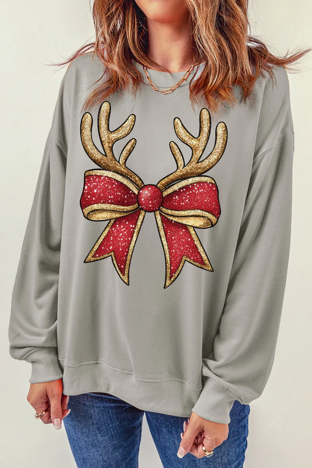 Christmas Antlers Bow Pattern Crew Neck Pullover Sweatshirt