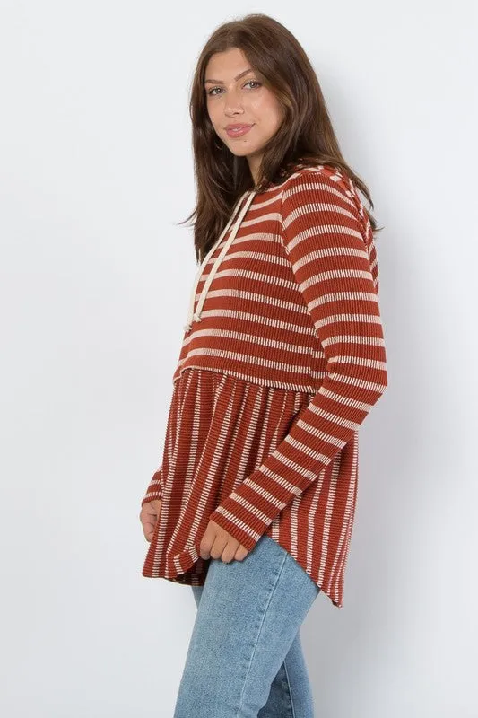 Full Size Drawstring Striped Babydoll Hoodie