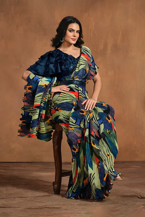 Green & Blue Pure Satin Silk Pure Hand work Ready to wear Saree