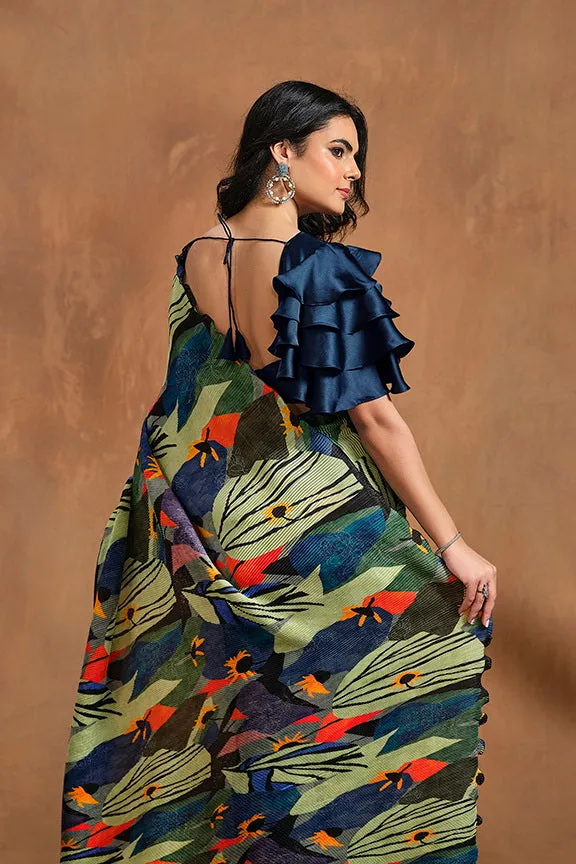Green & Blue Pure Satin Silk Pure Hand work Ready to wear Saree