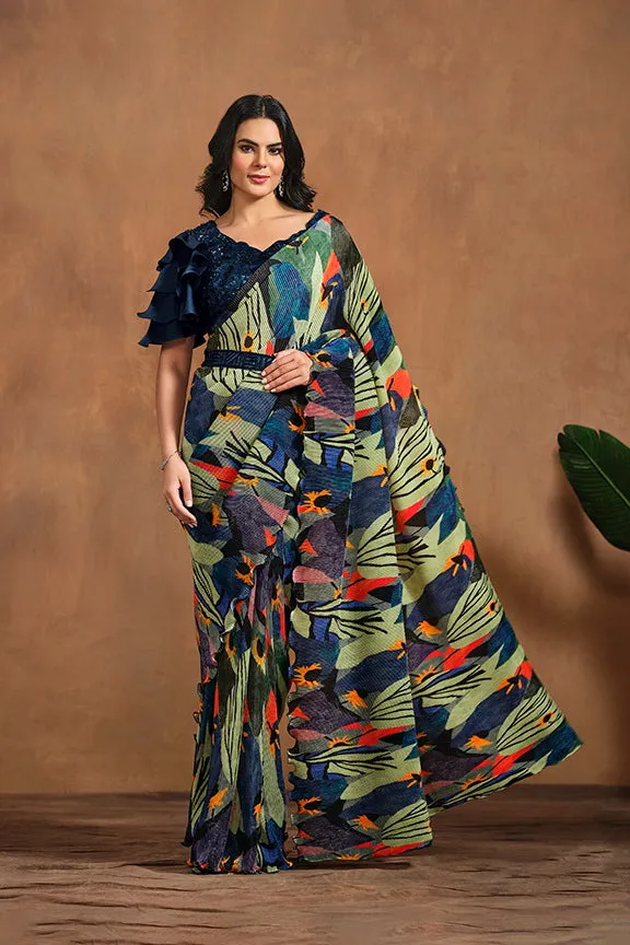 Green & Blue Pure Satin Silk Pure Hand work Ready to wear Saree