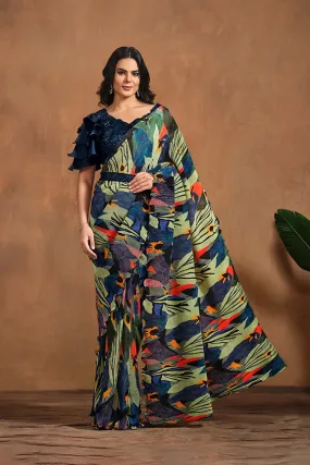 Green & Blue Pure Satin Silk Pure Hand work Ready to wear Saree
