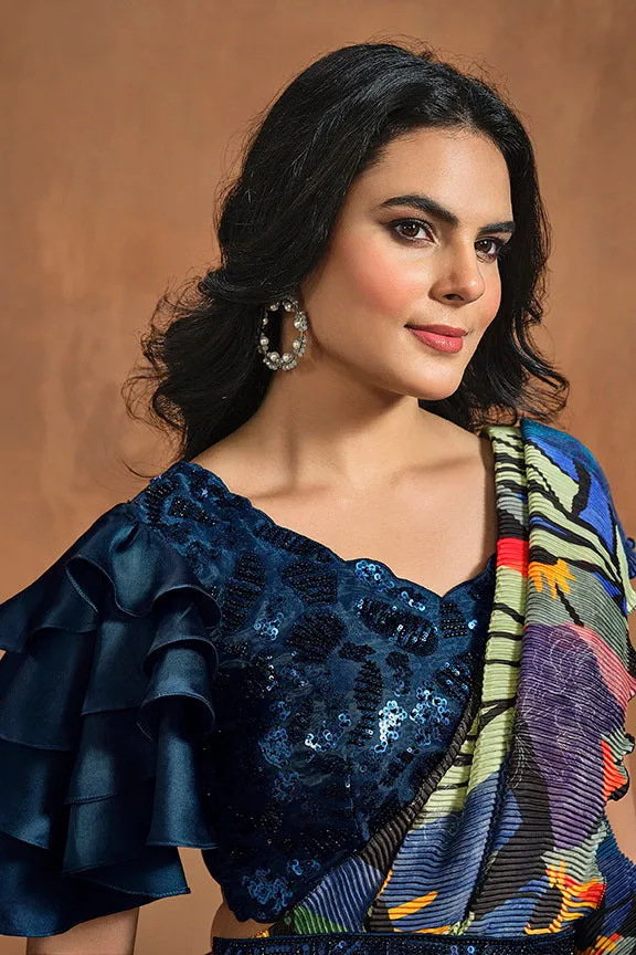 Green & Blue Pure Satin Silk Pure Hand work Ready to wear Saree
