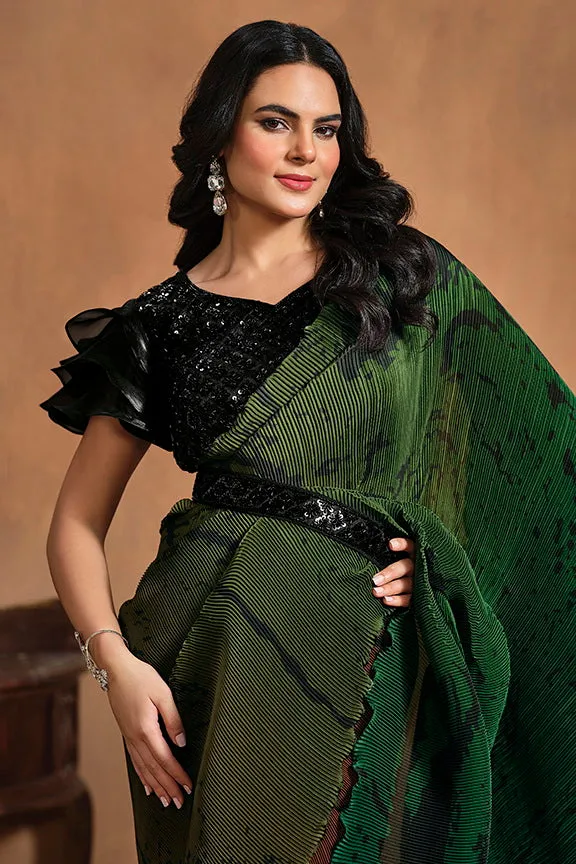 Green Pure Satin Silk Pure Hand work Ready to wear Saree