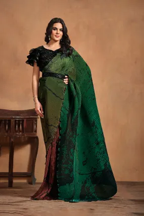 Green Pure Satin Silk Pure Hand work Ready to wear Saree