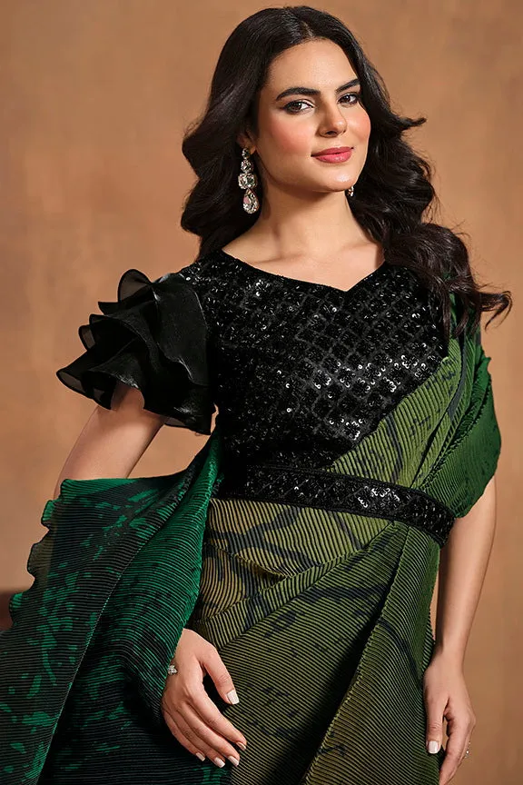 Green Pure Satin Silk Pure Hand work Ready to wear Saree