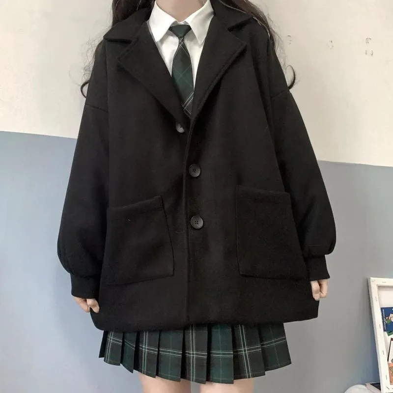 Kawaii Short Preppy Black Coat