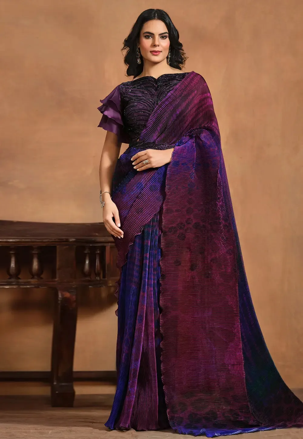 Purple Pure Satin Silk Pure Hand work Ready to wear Saree