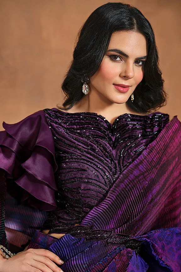 Purple Pure Satin Silk Pure Hand work Ready to wear Saree
