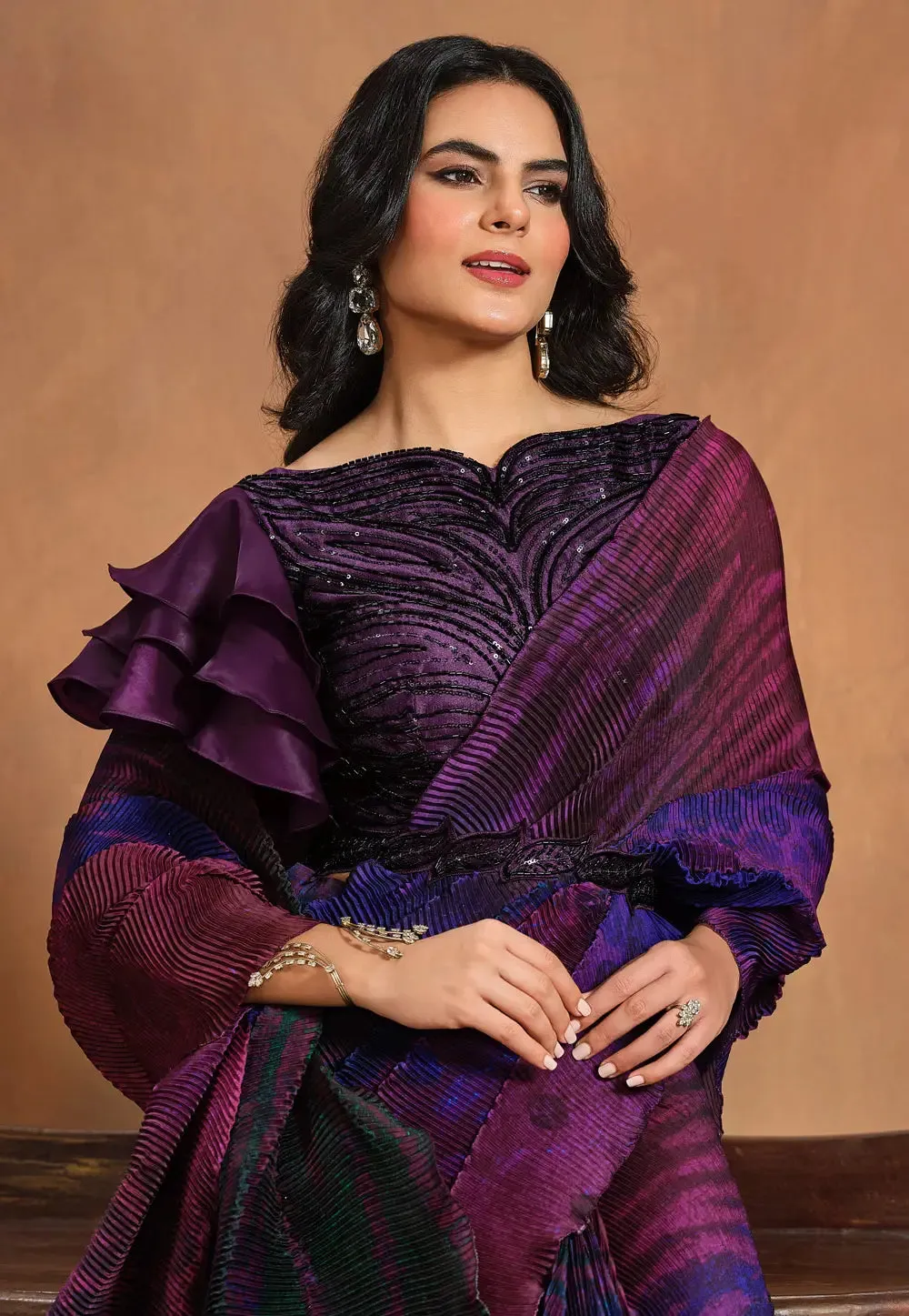 Purple Pure Satin Silk Pure Hand work Ready to wear Saree