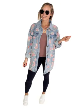 Shylah Floral Print Washed Denim Shacket- LIGHT DENIM