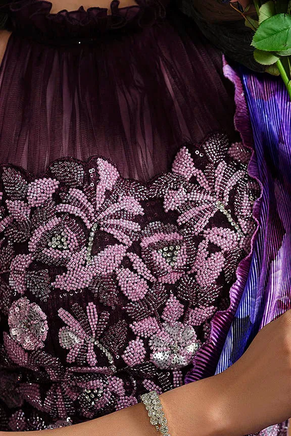Violet Pure Satin Silk Pure Hand work Ready to wear Saree