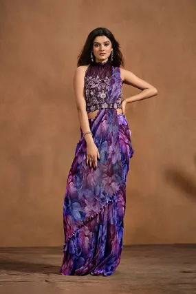 Violet Pure Satin Silk Pure Hand work Ready to wear Saree