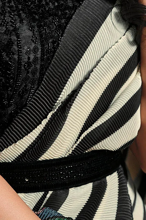White & Black Pure Satin Silk Pure Hand work Ready to wear Saree