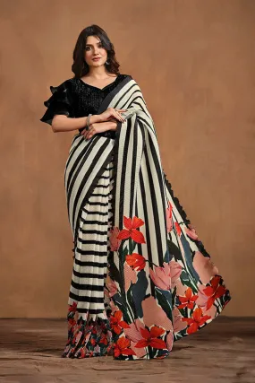 White & Black Pure Satin Silk Pure Hand work Ready to wear Saree