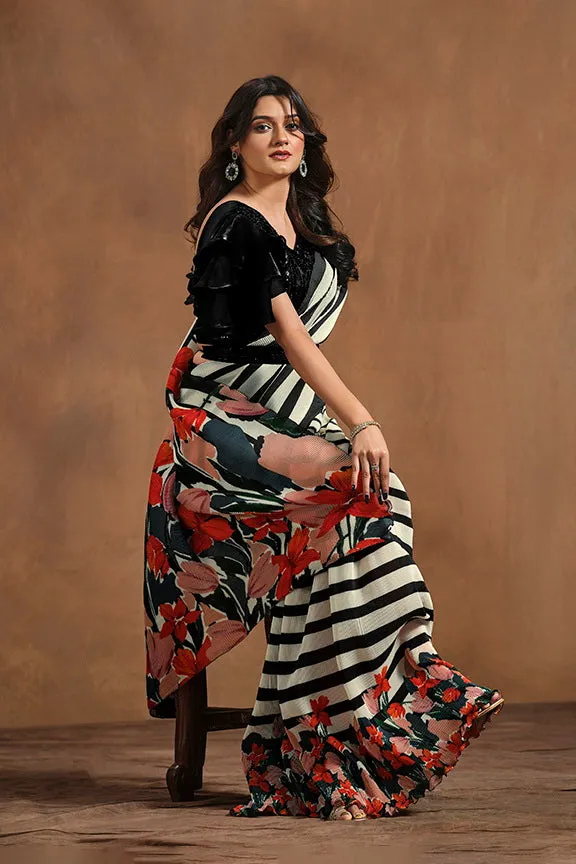 White & Black Pure Satin Silk Pure Hand work Ready to wear Saree